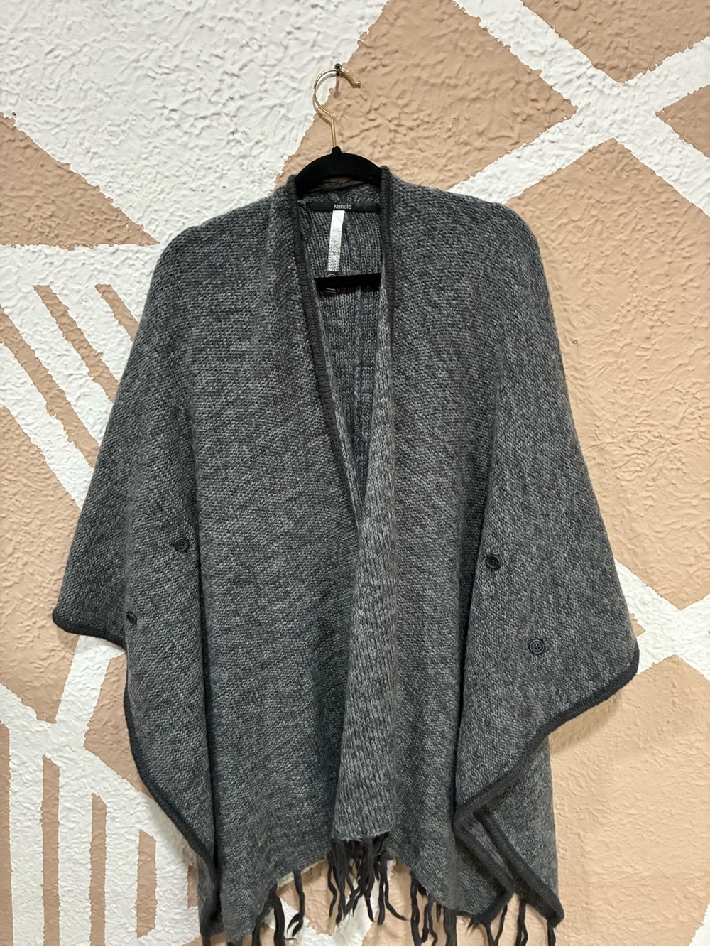 Kensie Knitted Cozy Gray Open-Front Poncho Sweater with Fringe